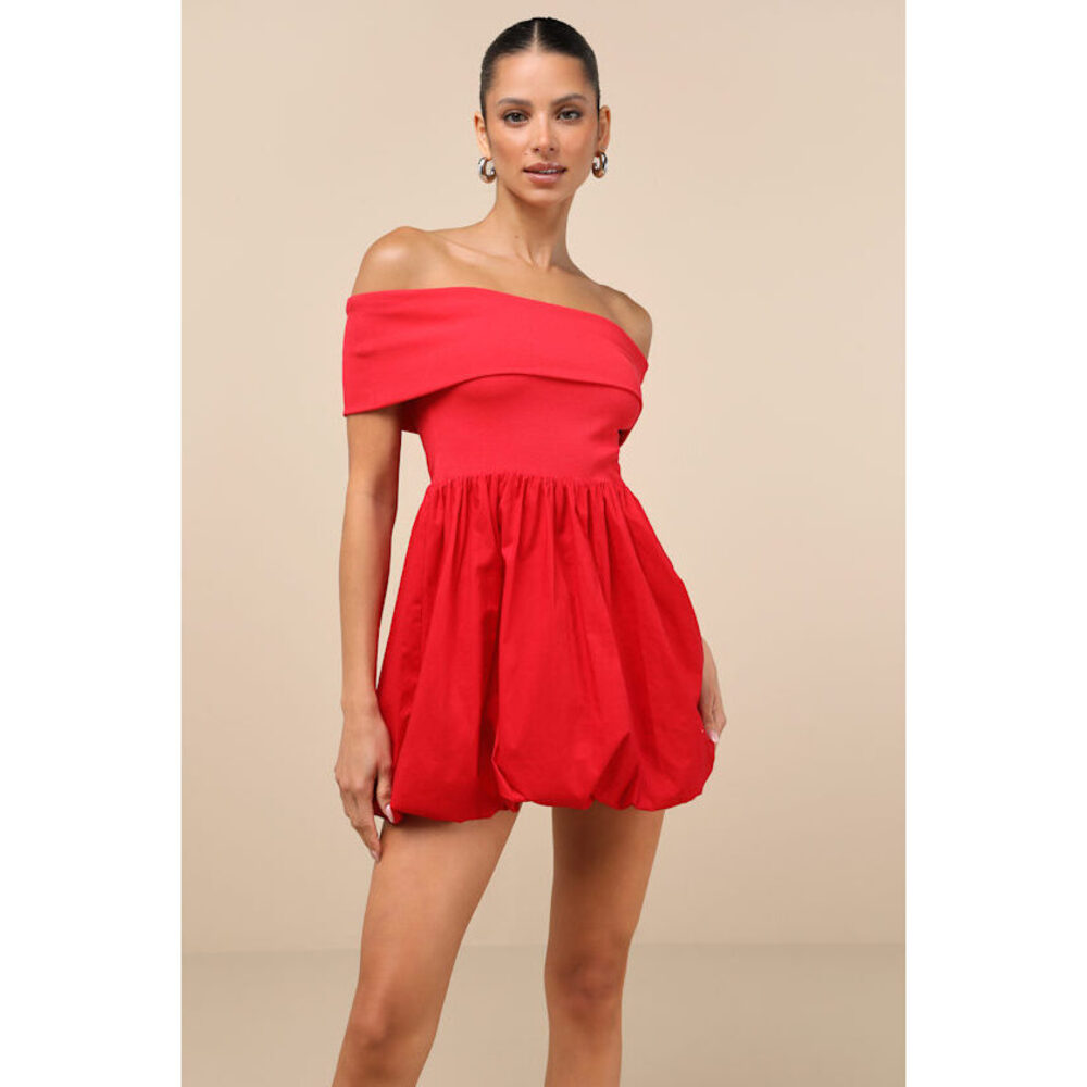 Lulus Launi Red Mixed Media Off-the-shoulder Mini Dress - Size M